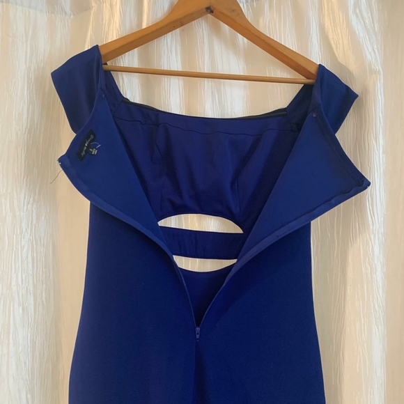Royal Blue Off-Shoulder Short Sleeve Padded Front Cut-Out Form Fitting Dress - Picture 2 of 6